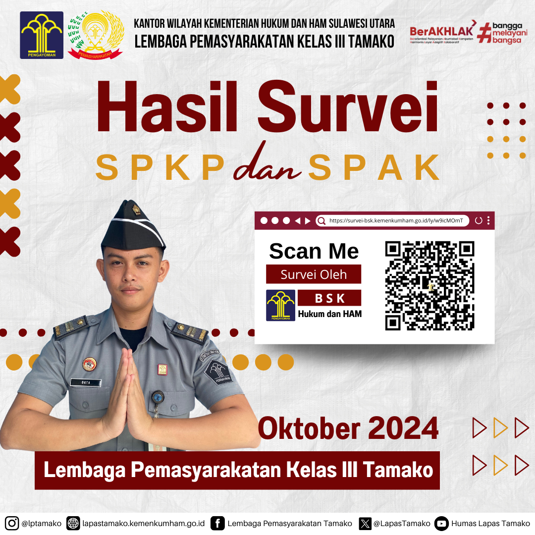 Publikasi Hasil Survei Persepsi Kualitas Pelayanan (SPKP) dan Survei Persepsi Anti Korupsi (SPAK) LEMBAGA PEMASYARAKATAN KELAS III TAMAKO Periode Oktober 2024.